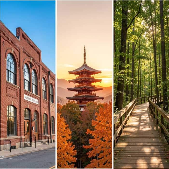 Collage of iconic Berks County Pennsylvania landmarks including Reading Pagoda, GoggleWorks, and Nolde Forest