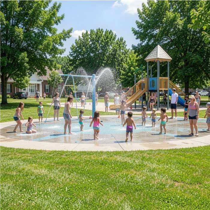 Dunkirk City Park and Water Park in Dunkirk, Indiana - families enjoying the splash pad and green space on a sunny day