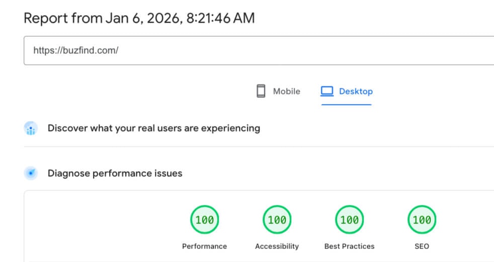BuzFind Technical SEO Results: Google PageSpeed Insights Desktop showing perfect scores of 100/100/100/100 for Performance, Accessibility, Best Practices, and SEO
