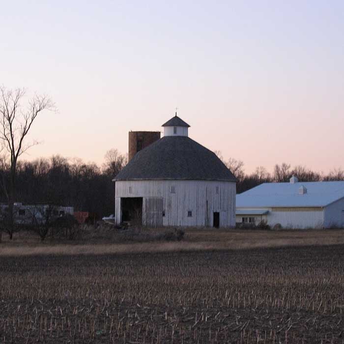 Rebecca Rankin Round Barn near Pennville, Indiana - a historic round barn representing Indiana's pioneer agricultural heritage and Quaker farming traditions