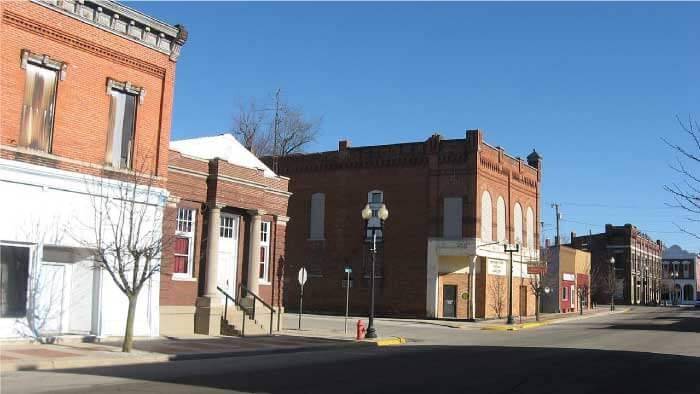 Buildings on the northern corners of the intersection of High and Union Streets in downtown Redkey, Indiana. This block is part of the Redkey Historic District, listed on the National Register of Historic Places.