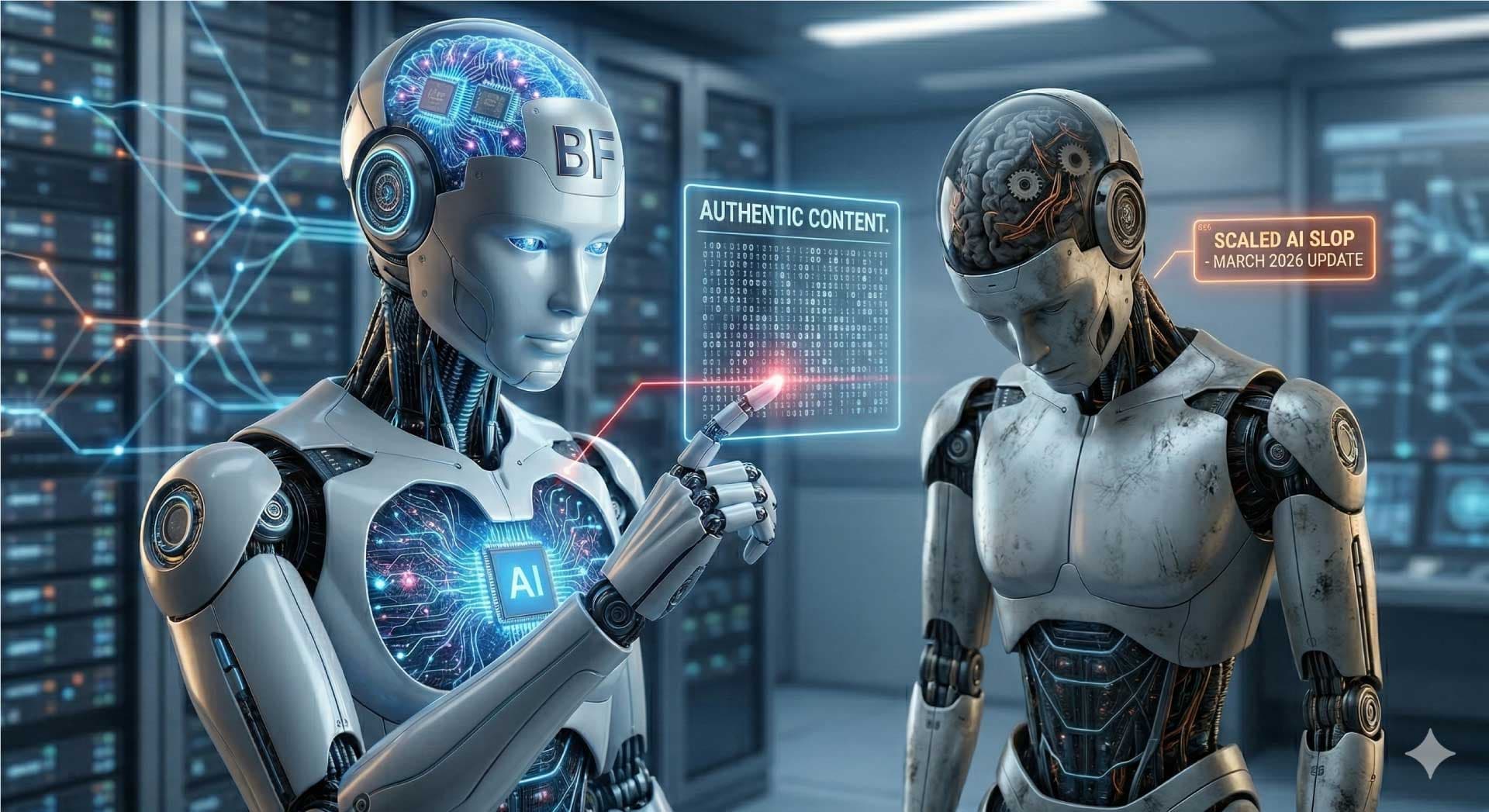 BuzFind Master AI in Action BuzFind Master AI Robot 'BF' surgically removing AI slop from search results