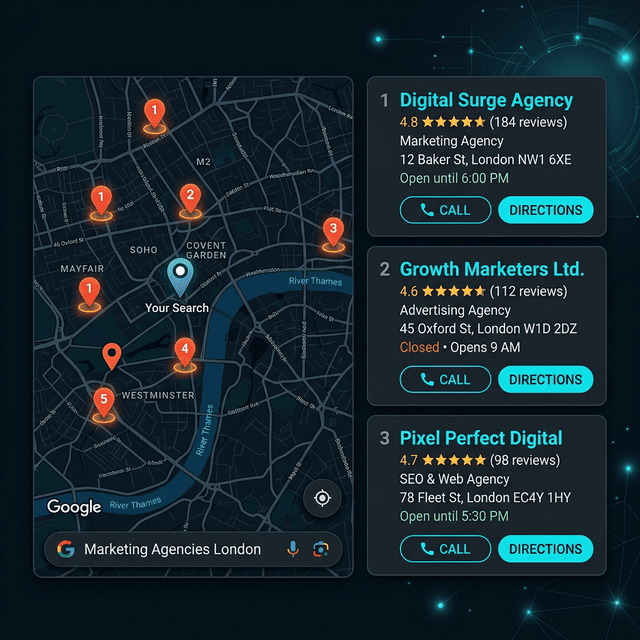 Google Local Pack Visualization A visualization of Google Maps Local Pack results showing business listings with star ratings and contact buttons