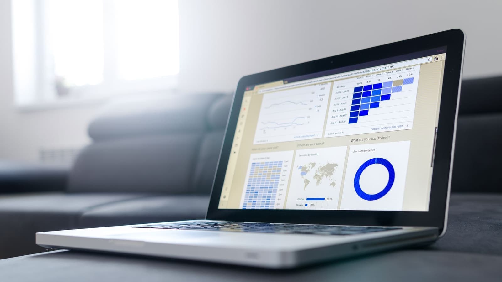 A laptop showing a marketing dashboard with charts and a map.