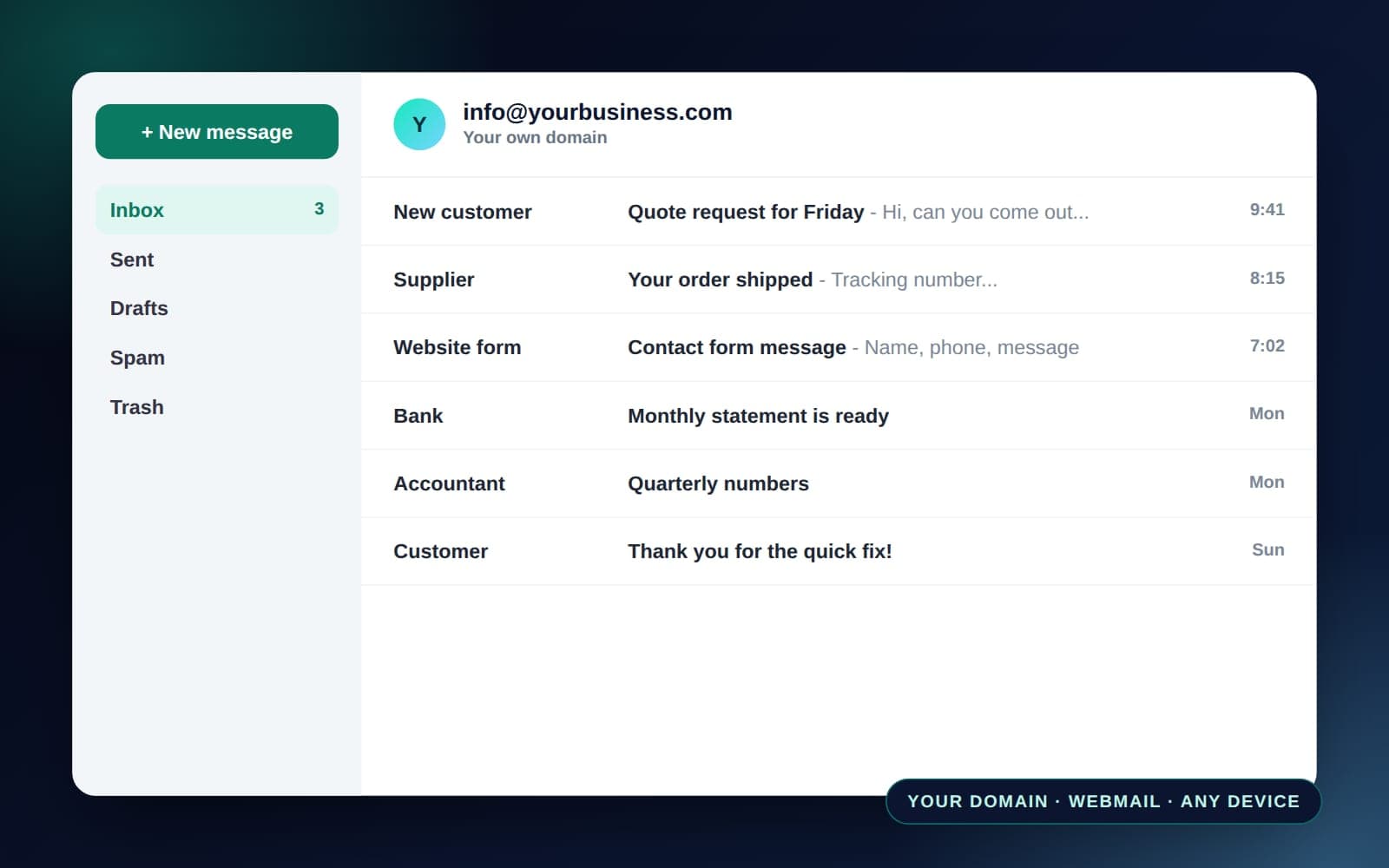 Business email at your own domain Business email inbox at your own domain, info@yourbusiness.com, with webmail folders and new messages