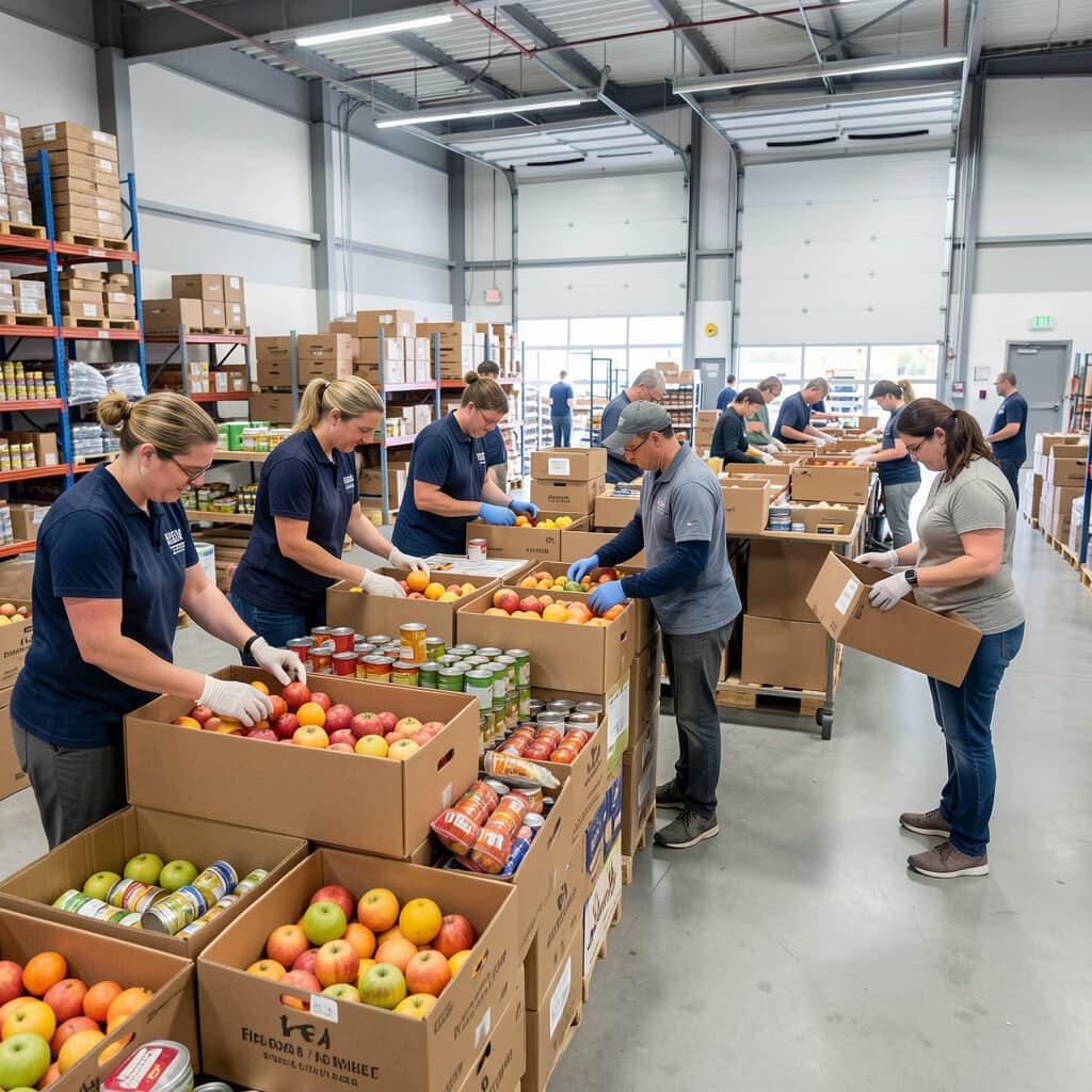 A group of non-profit volunteers working together at a food bank, sorting and packing donations