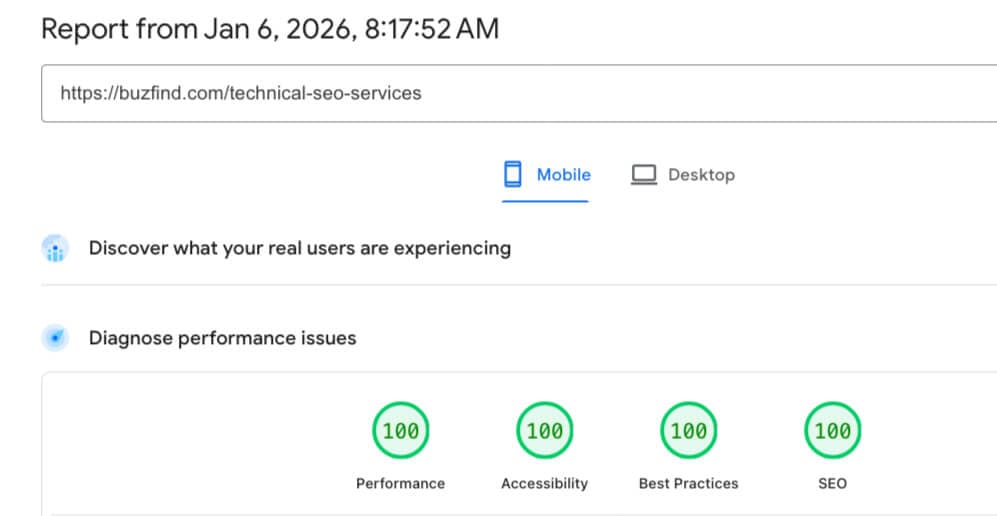 buzfind.com scores 100 in all four Google PageSpeed mobile categories BuzFind Technical SEO Results: Google PageSpeed Insights Mobile showing perfect scores of 100/100/100/100 for Performance, Accessibility, Best Practices, and SEO
