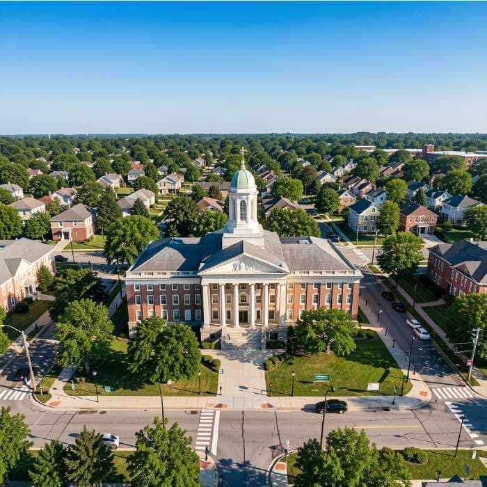 Local SEO for Indiana small businesses Aerial view of a historic courthouse and tree-lined streets in a small Indiana town
