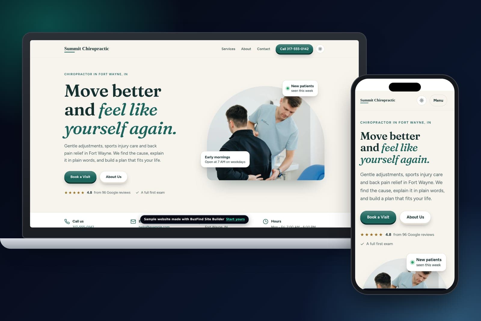 Sample Site Builder website on laptop and phone Sample chiropractor website made with the BuzFind Site Builder, shown on a laptop and a phone