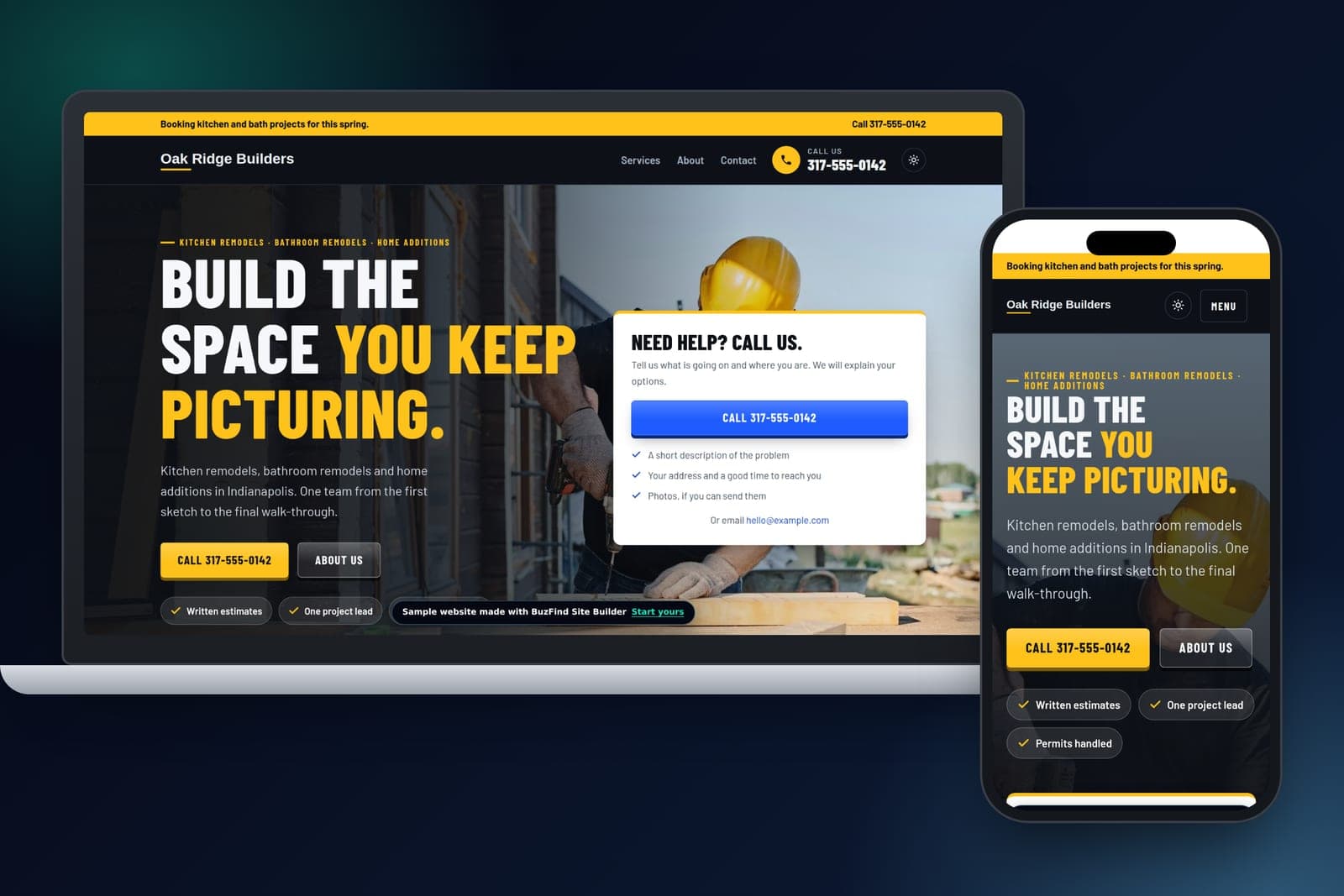 Sample Business Website on laptop and phone Sample contractor website made with the BuzFind Business Website package, shown on a laptop and a phone