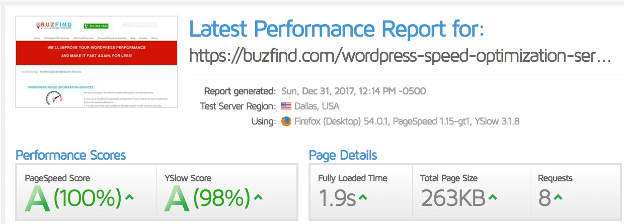 BuzFind GTmetrix performance result
