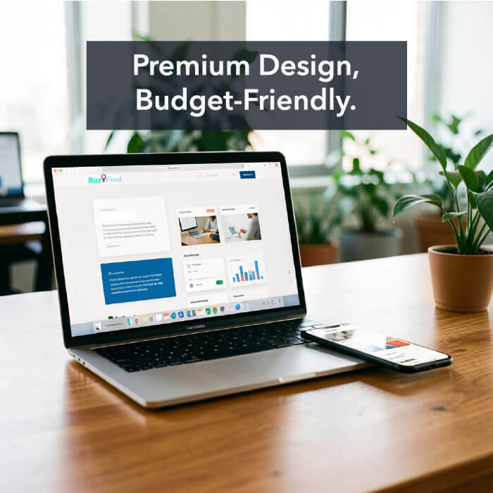 Affordable Web Design Solutions Professional mobile-responsive business website displayed on a sleek laptop and smartphone in a bright office setting.