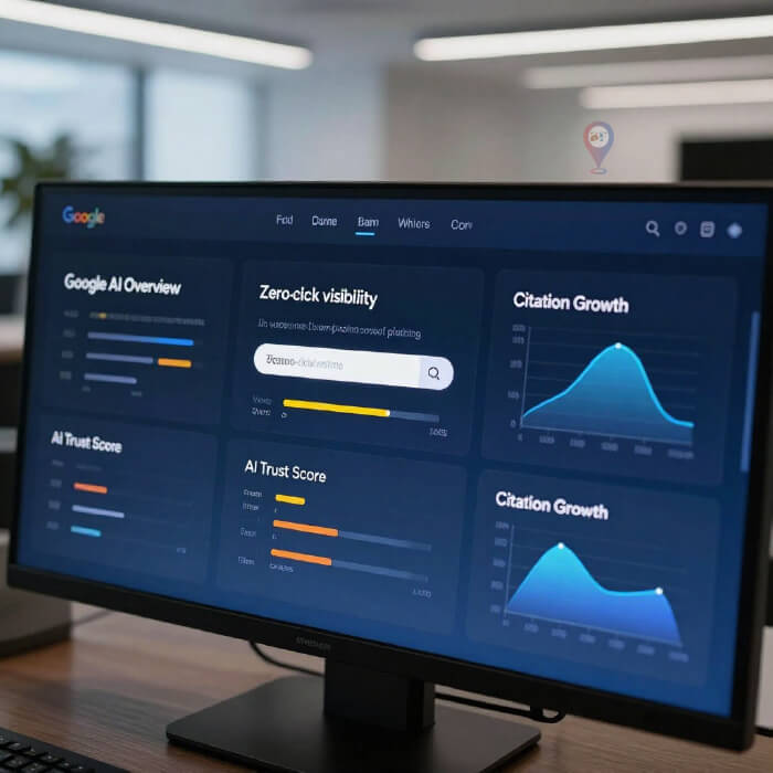 Professional AEO dashboard showing citations in Google AI Overviews and voice search responses for 2026