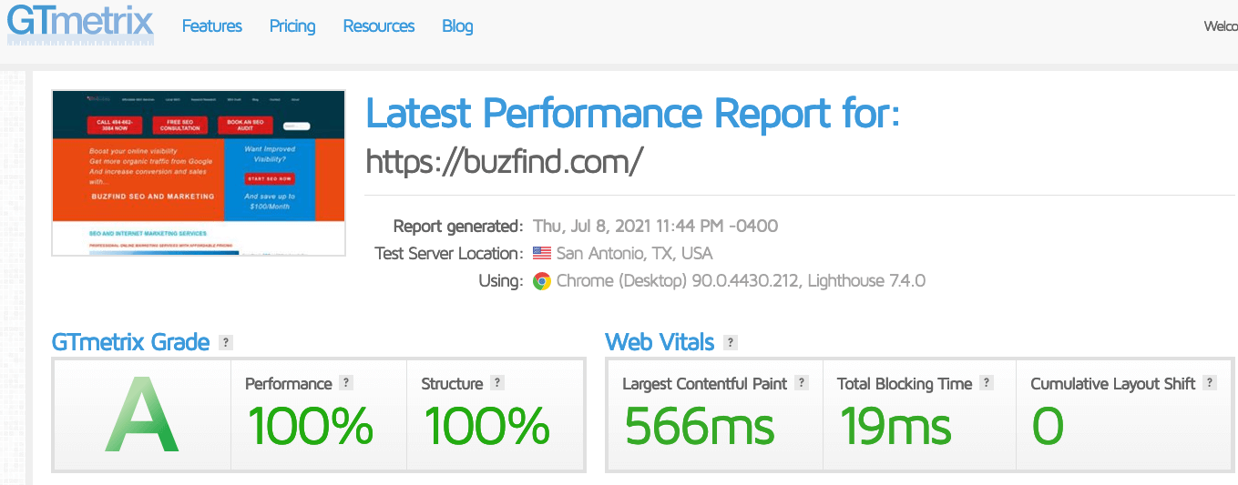 BuzFind GTmetrix performance report