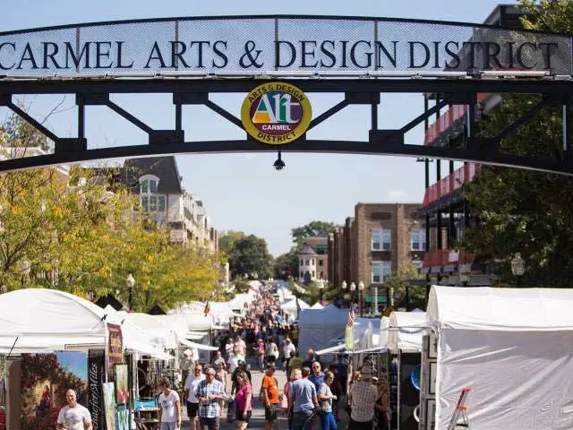 Carmel Arts & Design District entrance with local shoppers exploring