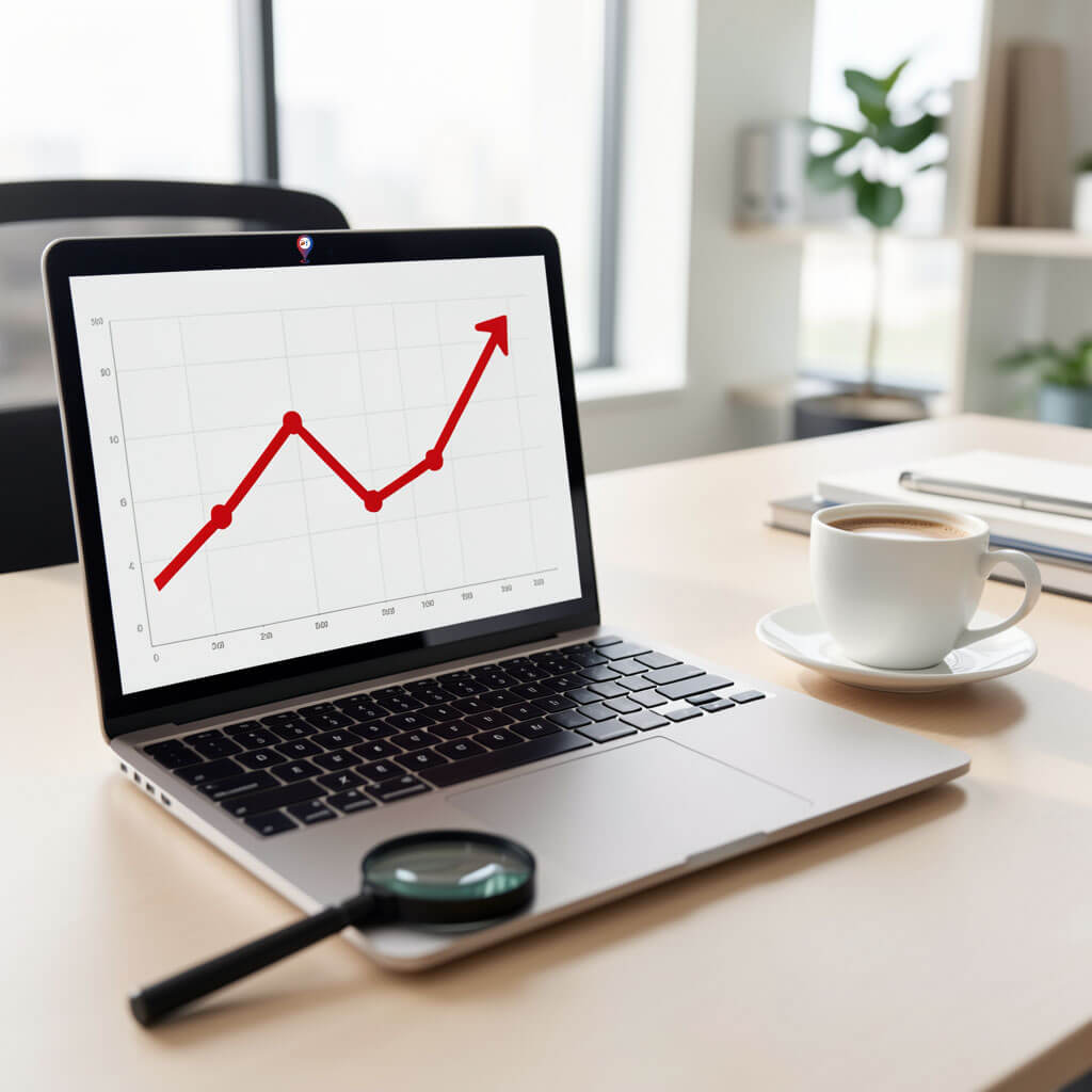 A business owner looking stressed while reviewing a declining website traffic graph caused by a cheap SEO consultant.
