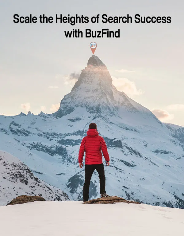 BuzFind keyword research expert reaching the top of an SEO mountain, symbolizing reaching SEO success.