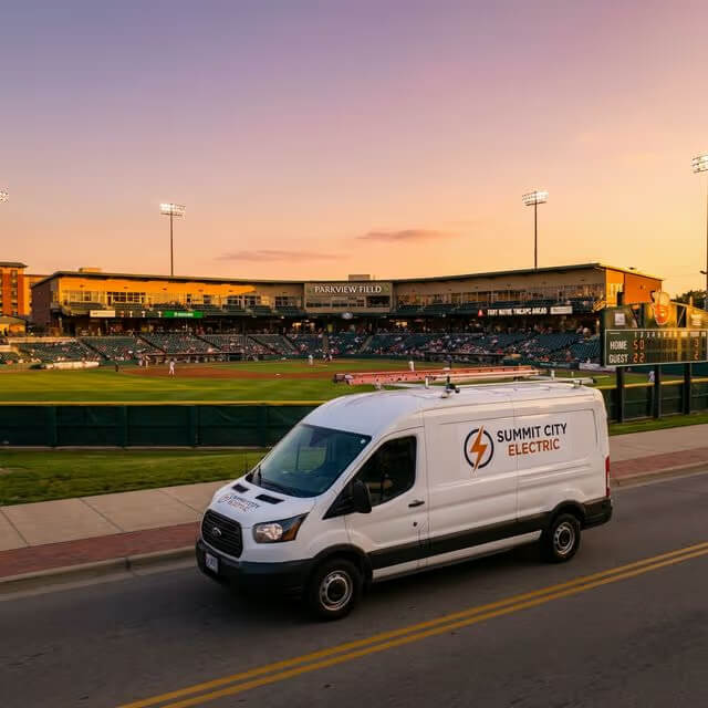 Professional 'SUMMIT CITY ELECTRIC' van driving past Parkview Field in Fort Wayne, Indiana at golden hour