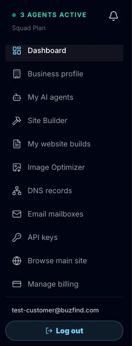 Barra lateral izquierda del panel de BuzFind con Panel, Perfil del negocio, Mis agentes de IA, Site Builder, Mis sitios creados, Optimizador de imágenes, Registros DNS, Buzones de correo, Llaves API