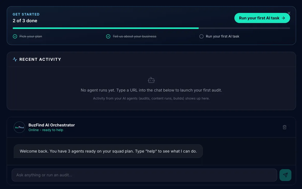 Plan selection screen showing the four BuzFind tiers with prices: Soloist $79, Squad $179, Department $349, Empire $1,399