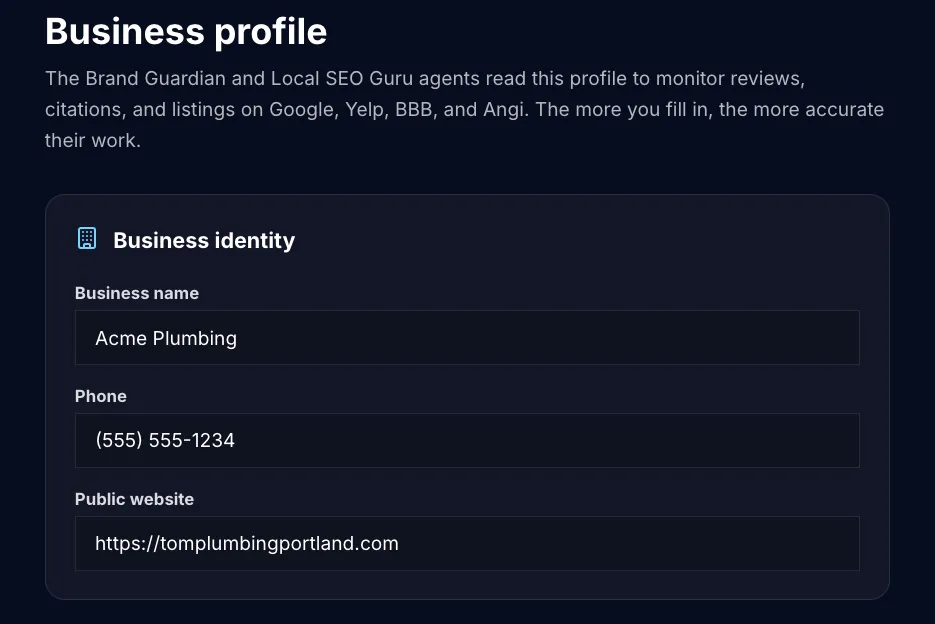 Business profile form with fields for business name, trade, services, city, phone, hours, and short description
