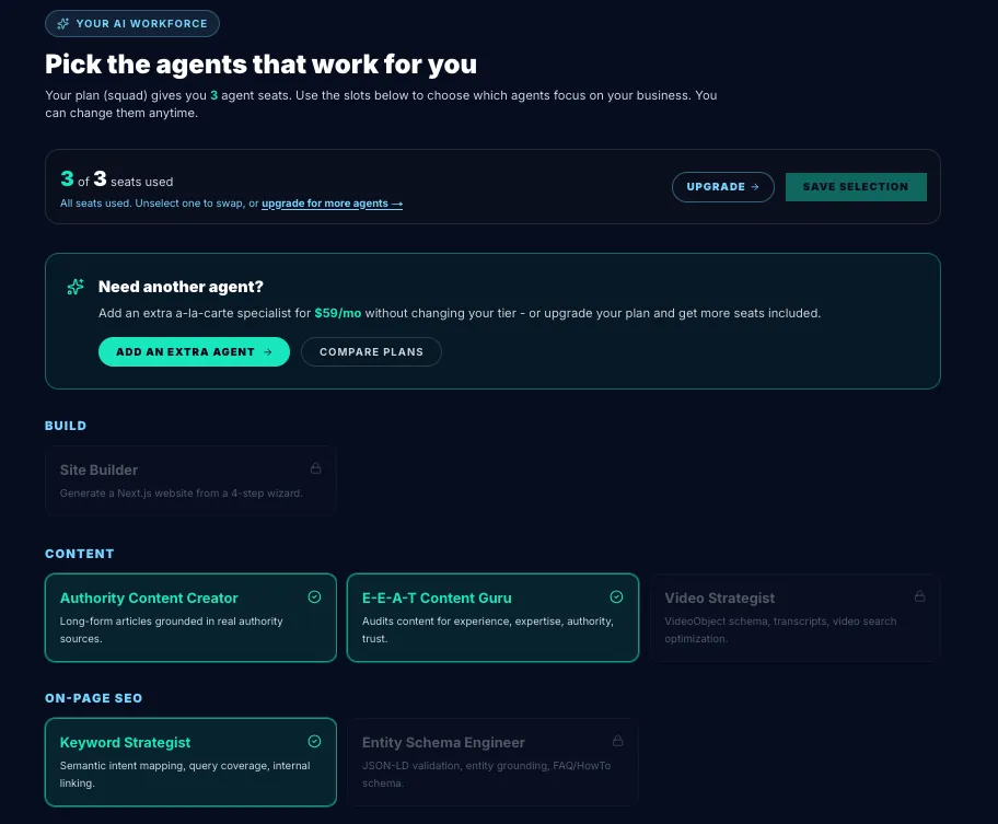 My AI agents page showing the seat counter and a grid of all 25 agents with select buttons