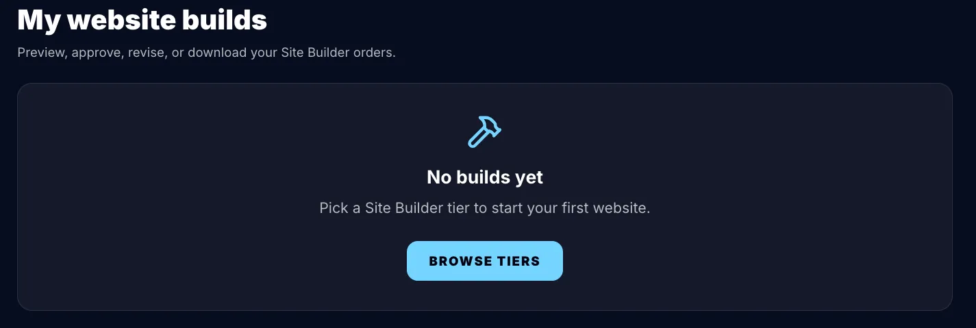 Página Mis sitios creados mostrando la lista de pedidos de Site Builder con etiquetas de estado