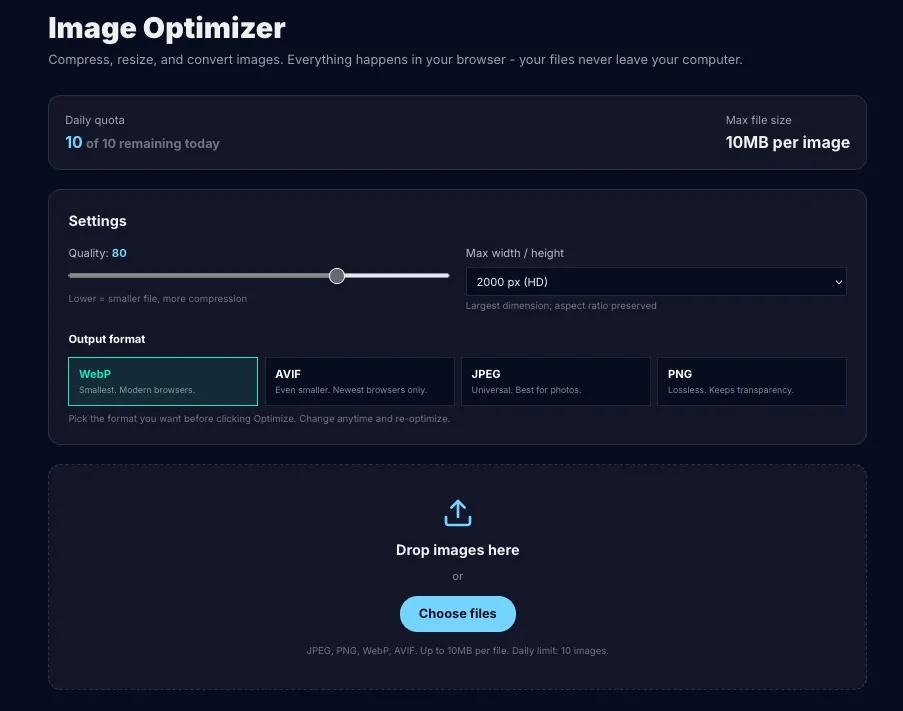 Página del Optimizador de imágenes con zona para soltar archivos, selector de formato, deslizador de calidad y lista de archivos optimizados