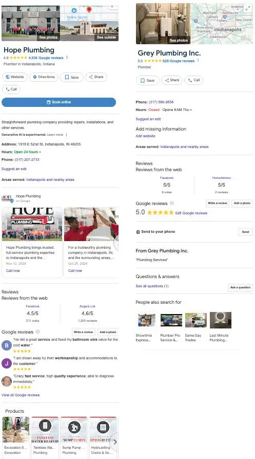 Professional Google My Business Optimization: Side-by-side comparison of optimized vs unoptimized Google Business Profiles for Indianapolis plumbers