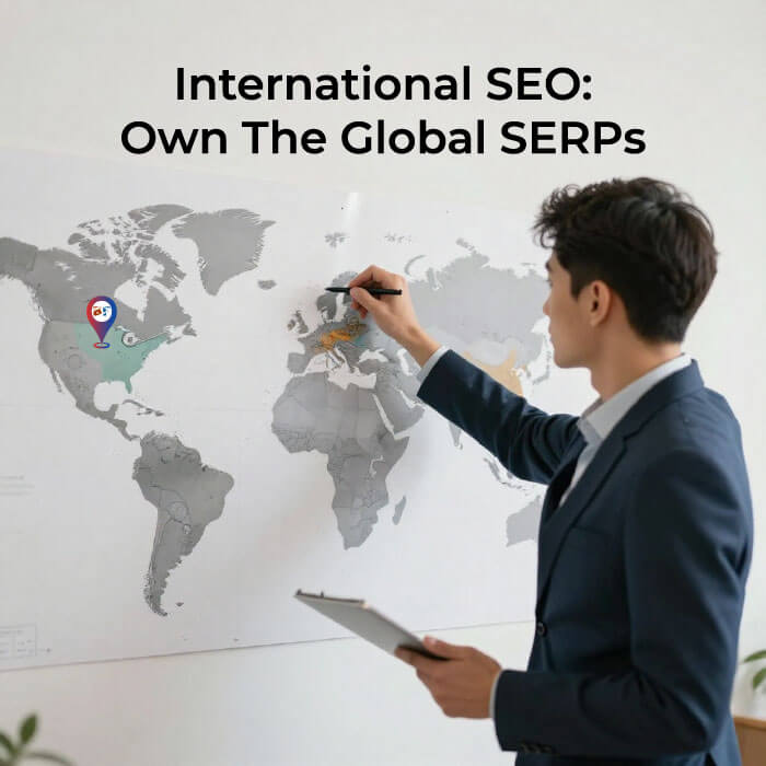 A young entrepreneur tracking global sales growth on a world map with SEO traffic spikes from international SEO services