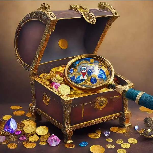 Magnifying glass uncovering valuable keywords in a treasure chest, symbolizing BuzFind's keyword research services.