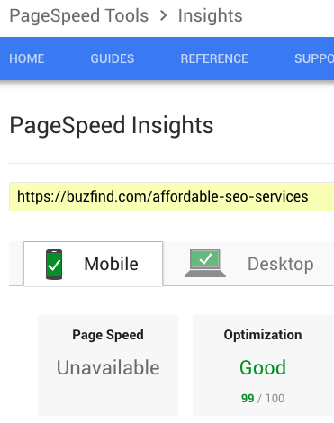 Google Mobile Page Speed Insight Result for BuzFind