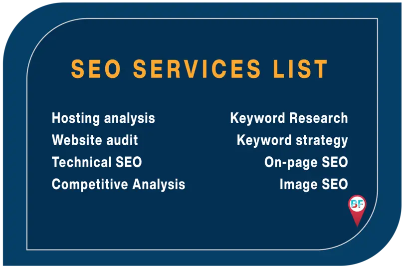 SEO services list including keyword research, on-page optimization, image optimization and reporting.