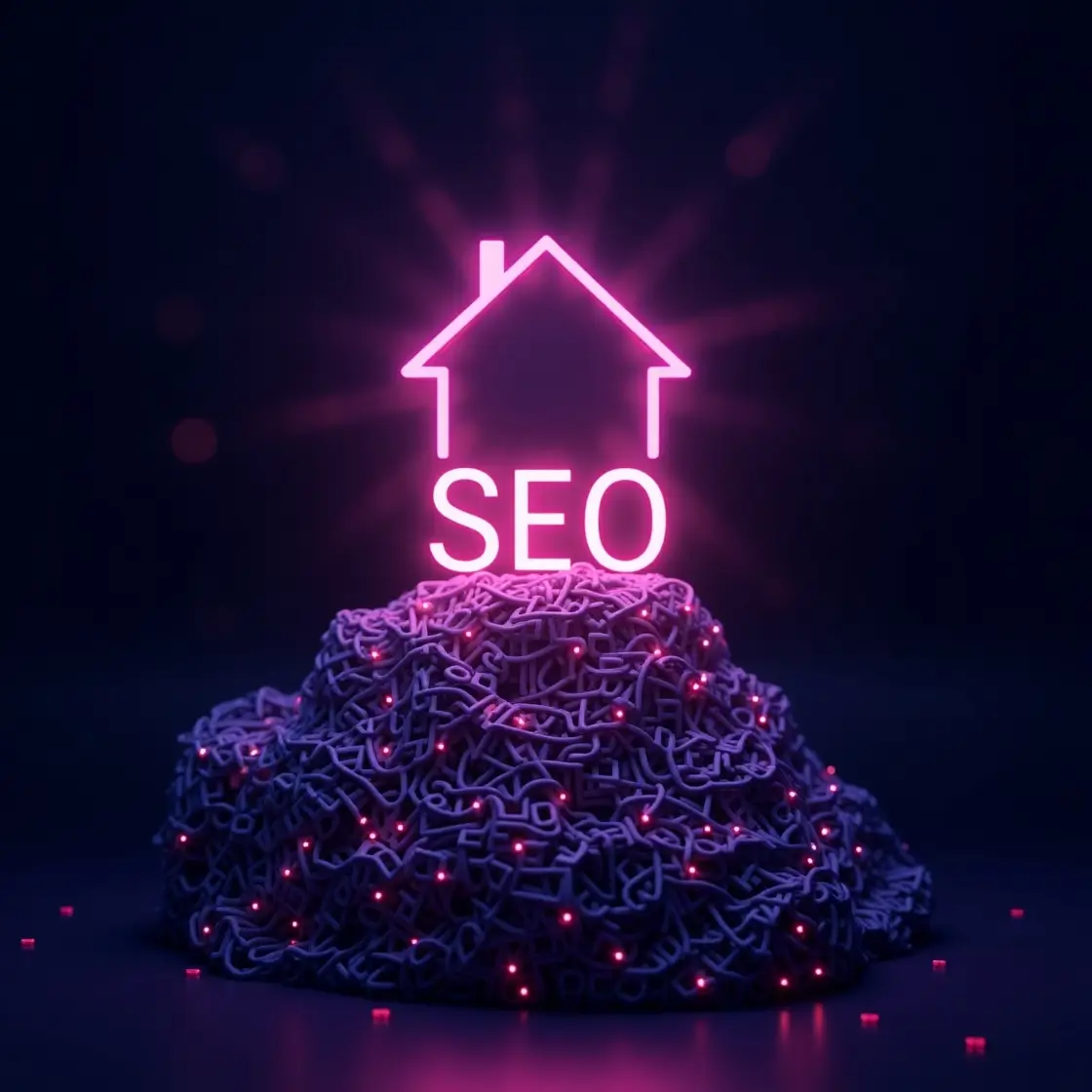 Keywords: The Foundation of SEO A strong, glowing foundation made of interconnected keywords, supporting a website icon, symbolizing the role of keywords in SEO.