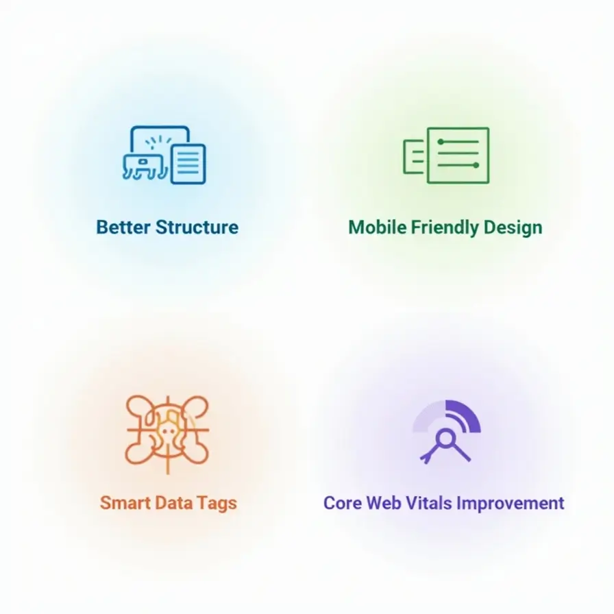 Tailored Technical SEO Solutions for Better Website Performance. Infographic showing tailored technical SEO solutions core web vital and rankings.