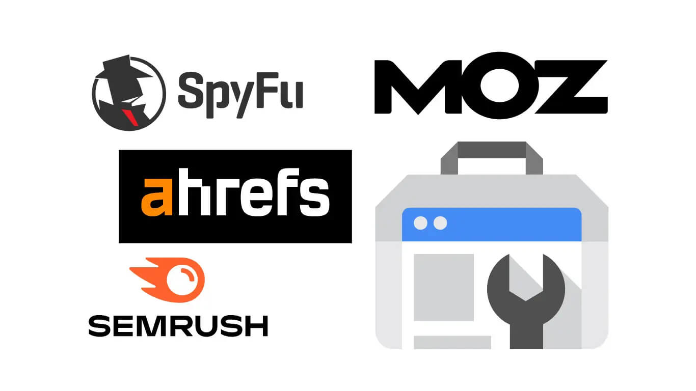 Collage of logos for top SEO keyword research tools like Ahrefs, Semrush, Google Keyword Planner, around a magnifying glass.